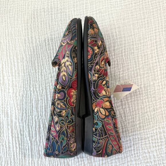 Vintage 80s 90s Ballet Flats Size 7 Canvas Fabric Paisley Jewel Gold New - Picture 3 of 10